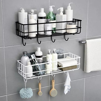 Wall Mounted Bathroom Hanging Shelf, Iron Shampoo Holder, Wall Mounted Floating Rack With Hooks, Bathroom Shower Storage Rack